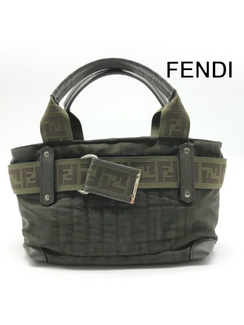 Fendi Zucca Nylon Hand Bag Mini Khaki